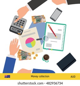 Financial planning with top view. Business calculator, cup of coffee, blank paper, reports, phone, hands. Australian Dollar banknote. Business finance concept vector illustration.