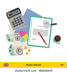 Financial planning with top view. Business calculator, cup of coffee, blank paper, reports. British Pound banknote. Business finance concept vector illustration.