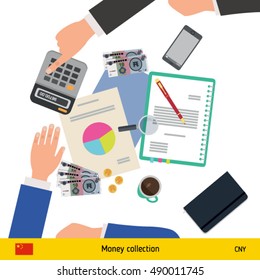 Financial planning with top view. Business calculator, cup of coffee, blank paper, reports, phone, hands. Chinese Yuan banknote. Business finance concept vector illustration.