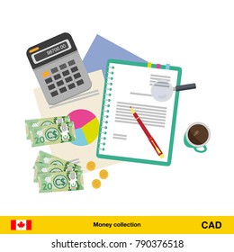 Financial planning with top view. Business calculator, cup of coffee, blank paper, reports. Canadian dollar banknote. Business finance concept vector illustration.