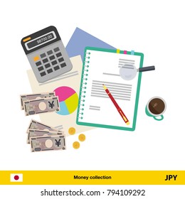 Financial planning with top view. Business calculator, cup of coffee, blank paper, reports. Yen banknote. Business finance concept vector illustration.