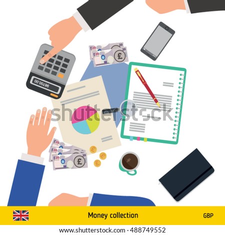Financial planning with top view. Business calculator, cup of coffee, blank paper, reports, phone, hands. British Pound banknote. Business finance concept vector illustration.
