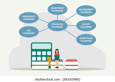 Concepto de vector de planificación financiera: Mujer joven calculando la planificación financiera con laptop y calculadora 