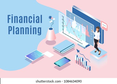 Financial planning vector illustration with isometric woman character, devices, graphs and charts. Business concept of working process. Presentation of data analysis using technology and software