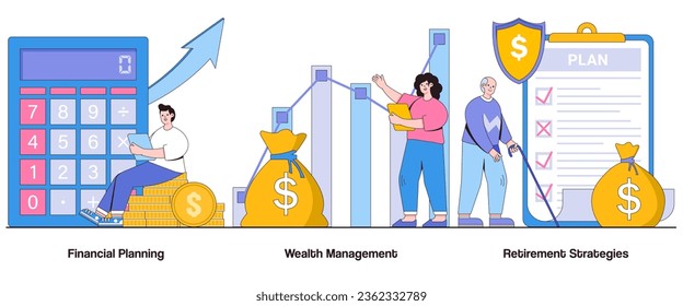 Planificación financiera, gestión patrimonial, concepto de estrategias de retiro con carácter. Conjunto de ilustraciones vectoriales abstractas de seguridad financiera. Asignación de activos, objetivos a largo plazo, independencia financiera.