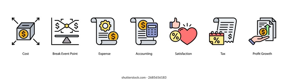 Ícone de vetor do banner da Web do Financial Planning apresentando Custo, Ponto de Ruptura, Despesa, Contabilidade, Satisfação, Imposto e Crescimento do Lucro.