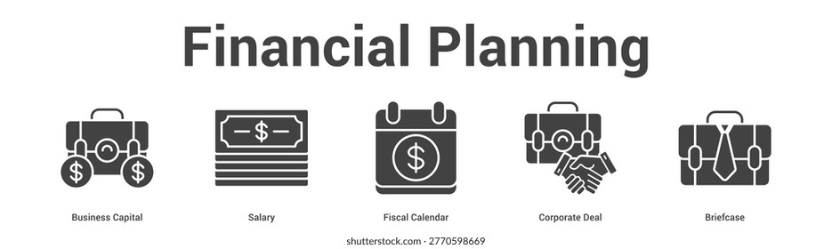 Financial Planning web banner icon set vector illustration concept for business with icon of Business Capital, Salary, Fiscal Calendar, Corpor.