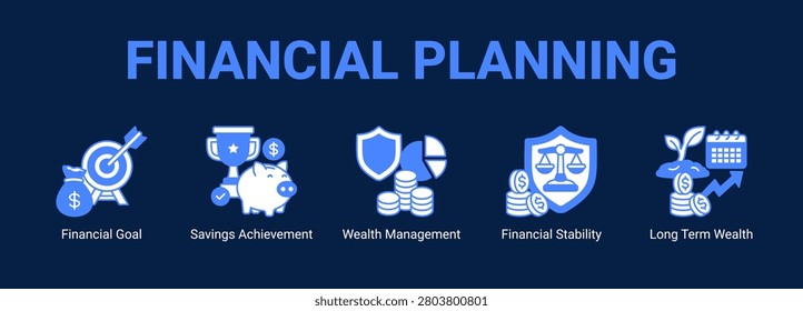Financial Planning web banner icon concept, with Financial Goal, Savings Achievement, Wealth Management, Financial Stability, Long.