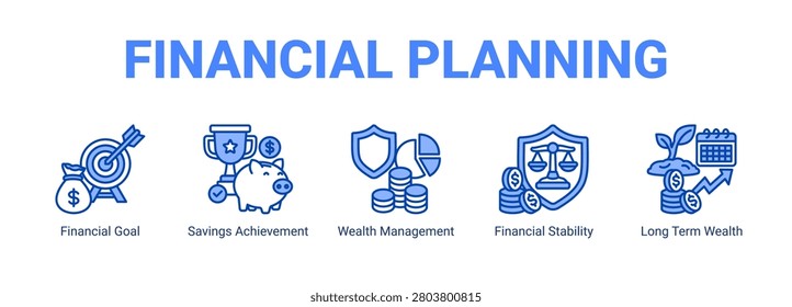 Financial Planning web banner icon concept, with Financial Goal, Savings Achievement, Wealth Management, Financial Stability, Long.