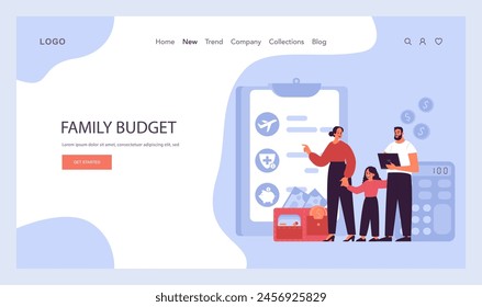 Financial planning web banner or landing page. Personal and family budget development, expense management. Investing money. Financial well-being. Flat vector illustration