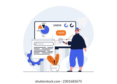 Financial planning web concept with character scene. Man making report presentation with accounting budget. People situation in flat design. Vector illustration for social media marketing material.