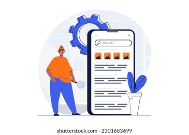 Financial planning web concept with character scene. Man making search and creates strategy on mobile phone. People situation in flat design. Vector illustration for social media marketing material.