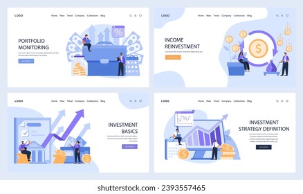 Financial Planning web or landing set. Assets portfolio monitoring, income reinvestment, and investment basics. Strategies for defining a robust investment plan. Flat vector illustration.