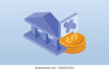 Planificación financiera.banco central y ejecución de la política monetaria para controlar la tasa de interés y reducir la inflación.sobre fondo azul.Ilustración de diseño de vectores isométricos.