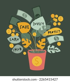 Financial plant. Green tree in flowerpot with leaves, golden coins,dollar cash. Business investment profit, saving and growing money. Wealth, success symbol. Editable vector illustration in flat style