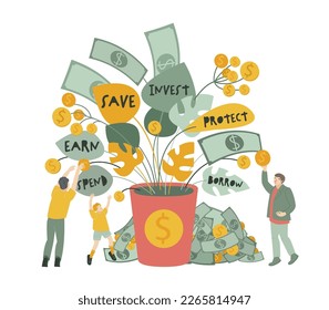 Planta financiera. Árbol verde en maceta florida con hojas, monedas doradas, dólares. Las inversiones empresariales generan ganancias, ahorran y aumentan el dinero. Riqueza, símbolo de éxito. Ilustración vectorial editable en estilo plano