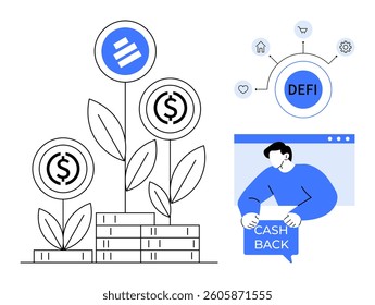 Financial plant growing on stacked coins and a man holding a cashback sign with DEFI elements, and icons of house gear money and heart Ideal for finance growth investment decentralized finance