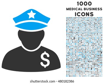 Financial Policeman vector bicolor icon with 1000 medical business icons. Set style is flat pictograms, blue and gray colors, white background.