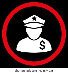 Financial Policeman vector bicolor rounded icon. Image style is a flat icon symbol inside a circle, red and white colors, black background.