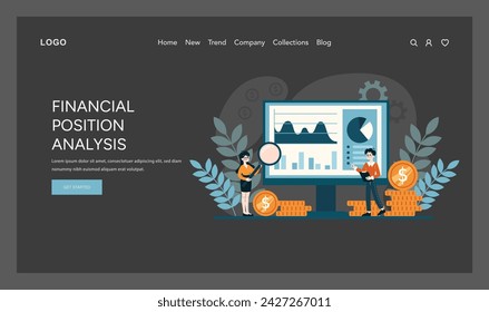 Financial Position Analysis concept. In-depth examination of fiscal health and investment strategy. Insightful data interpretation. Flat vector illustration