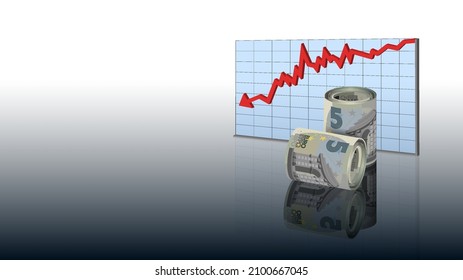 Financial poster. Economic graph and paper money European Union. 3D banknotes 5 euro rolled up rolls with reflection