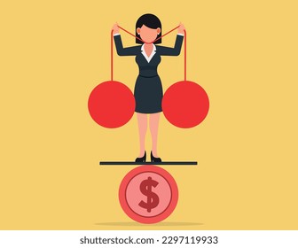 Financial problem. Business woman weighing between huge debts and income