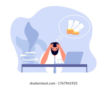 Financial problem. Businessman headache, business trouble and work stress. Frustrated office man need money for pay debt vector illustration