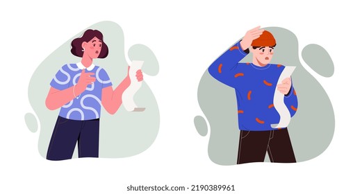 Financial problem concept. Shocked man and woman hold long check or receipt for payment. Characters surprised by high prices or expenses. Cartoon flat vector set isolated on white background