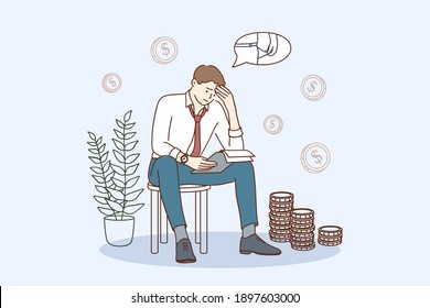 Financial problems and bankruptcy concept. Young sad depressed businessman sitting on chair thinking about finding money for paying bills during crisis vector illustration 