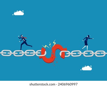 Financial problems. Businessman flees from broken money chain 