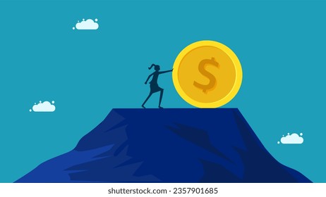 financial problems. Businesswoman pushes coins