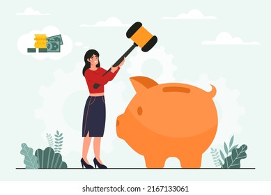 Financial Problems Concept. Girl Breaks Piggy Bank With Large Hammer, Financial Literacy And Passive Income. Unfortunate Investor Takes Advantage Of Family Budget. Cartoon Flat Vector Illustration