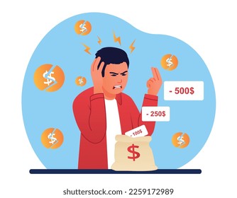 Financial problems concept. Man near bag of broken gold coins. Economic Crisis and Bankruptcy, Unsuccessful Entrepreneur or businessman. Unemployed young guy. Cartoon flat vector illustration