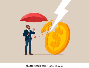Financial problems. Economic crisis, recession in world. Bad financial condition, high inflation. Huge dollar coin struck by lightning. Flat modern vector illustration