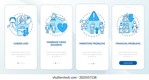 Financial problems onboarding mobile app page screen. Midlife crisis walkthrough 4 steps graphic instructions with concepts. UI, UX, GUI vector template with linear color illustrations