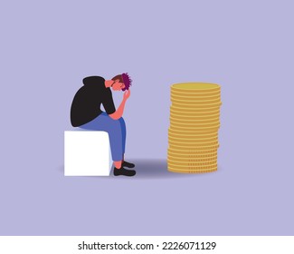 Financial problems of person, flat vector stock illustration is isolated, stack of coins as debt or tax