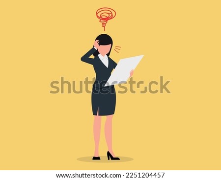 Financial problems and worries concept. Business woman standing holding a paper feels headache and worries.