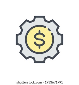 Icono de línea de color de proceso financiero. El engranaje con el símbolo colorido del contorno del vector del dólar.