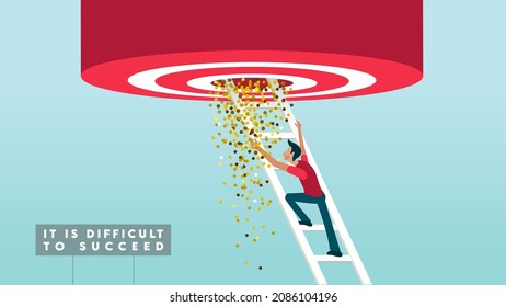 Financial process. A man hardly try make money. Big Target. Man on ladder. Business people upset about recession, economy problems. Vector illustration for hard company success. Banner poster design.