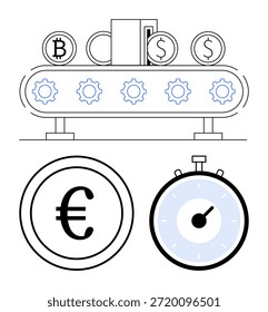Procesos financieros, criptomonedas, automatización, fintech, eficiencia, gestión del tiempo. Símbolos de Bitcoin, Euro y Dólar en un transportador con engranajes. Concepto de criptomoneda y procesos financieros
