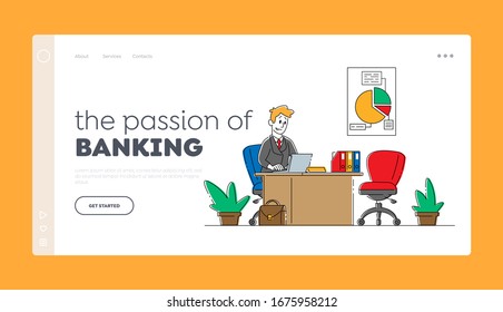 Financial Profession, Banking Work Occupation, Office Worker Landing Page Template. Bank Employee Male Character Sitting at Desk with Laptop and Stationery Waiting Client. Linear Vector Illustration