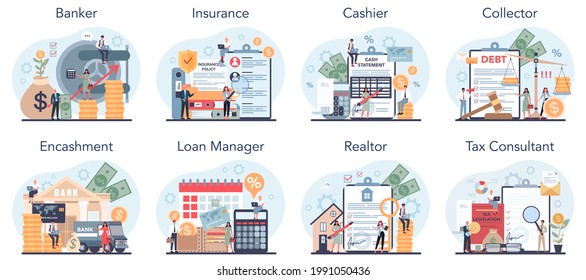 Financial profession set. Providing financial operations and commercial transactions. Banker, cashier, collector, realtor, encashment, loan and insurance manager, tax consultant. Vector illustration