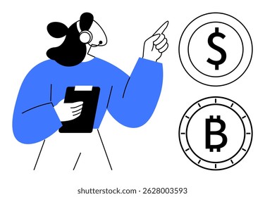Financial professional with headset and clipboard points at dollar and Bitcoin symbols. Ideal for finance, cryptocurrency, investment advice, online trading, digital currency education, fintech