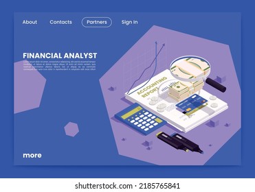 Financial professions isometric website landing page with images of paper contracts calculator cash and clickable links vector illustration