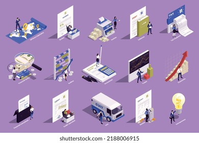 Financial professions set of isolated compositions with isolated conceptual icons bank workers paperwork and workplace elements vector illustration