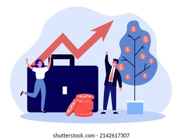 Financial profit of business people growing money tree. Tiny man and woman standing near briefcase, rising chart flat vector illustration. Budget concept for banner, website design or landing web page