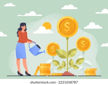 Financial profit concept. Woman watering plant with golden coins. Metaphor of financial literacy and passive income. Economy, investment and trading metaphor. Cartoon flat vector illustration