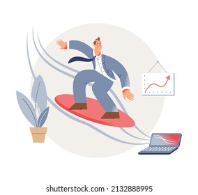 Financial profit growth of businessman on surfboard vector illustration. Cartoon man in suit surfing success digital wave from laptop, work of leader on business direction, career and motivation