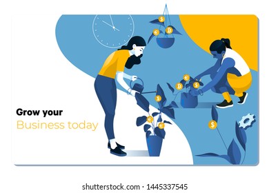 Financial profit growth.Business woman watering money tree.Flat vector illustration