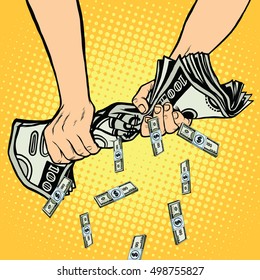 Financial Profit, Hands Squeeze Out Of The Money Dollars, Pop Art Retro Vector Illustration